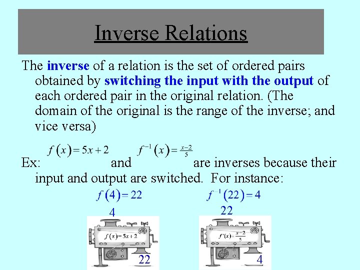Inverse Relations The inverse of a relation is the set of ordered pairs obtained