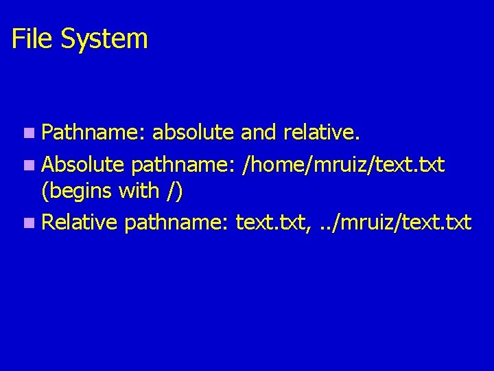 File System n Pathname: absolute and relative. n Absolute pathname: /home/mruiz/text. txt (begins with File System n Pathname: absolute and relative. n Absolute pathname: /home/mruiz/text. txt (begins with