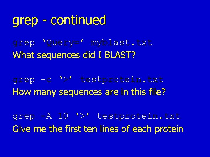 grep - continued grep ‘Query=’ myblast. txt What sequences did I BLAST? grep –c grep - continued grep ‘Query=’ myblast. txt What sequences did I BLAST? grep –c