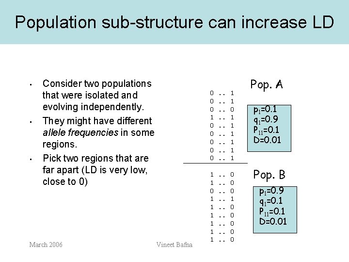 Population sub-structure can increase LD • • • Consider two populations that were isolated