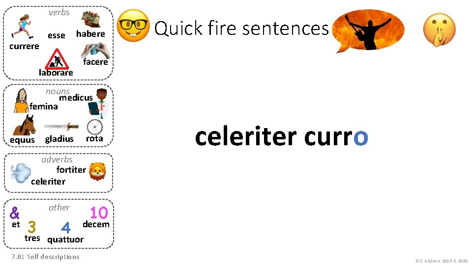 verbs currere esse habere laborare Quick fire sentences facere nouns medicus femina equus rota