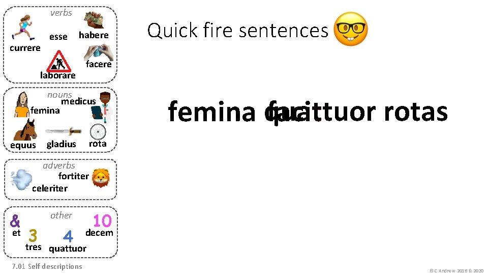 verbs currere esse habere laborare facere nouns medicus femina equus Quick fire sentences rotas