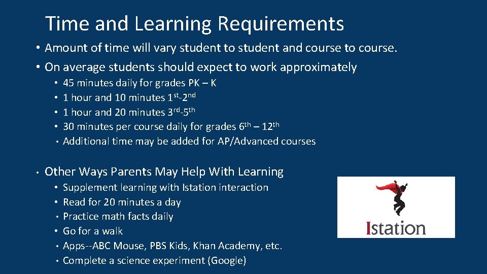 Time and Learning Requirements • Amount of time will vary student to student and