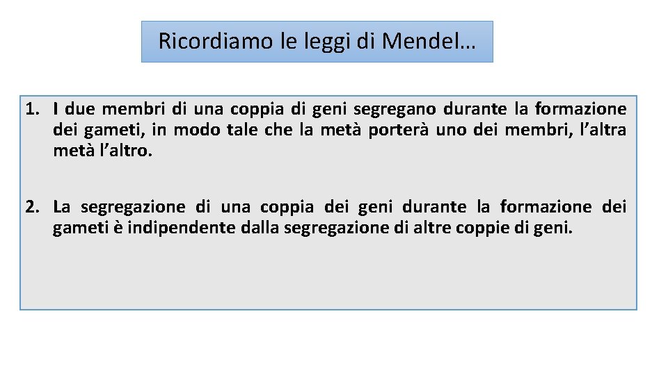 Ricordiamo le leggi di Mendel… 1. I due membri di una coppia di geni