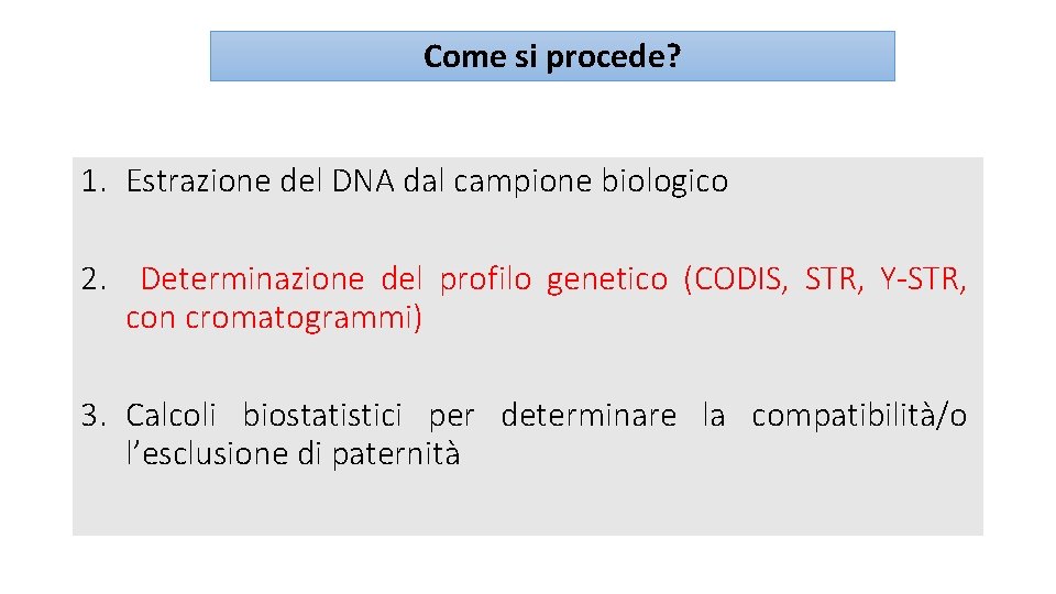 Come si procede? 1. Estrazione del DNA dal campione biologico 2. Determinazione del profilo