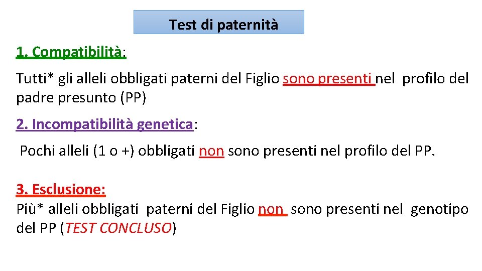 Test di paternità 1. Compatibilità: Tutti* gli alleli obbligati paterni del Figlio sono presenti