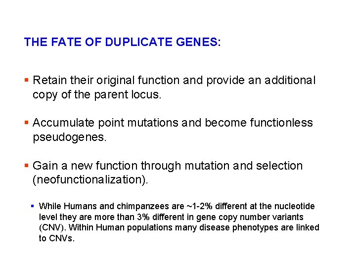 THE FATE OF DUPLICATE GENES: § Retain their original function and provide an additional