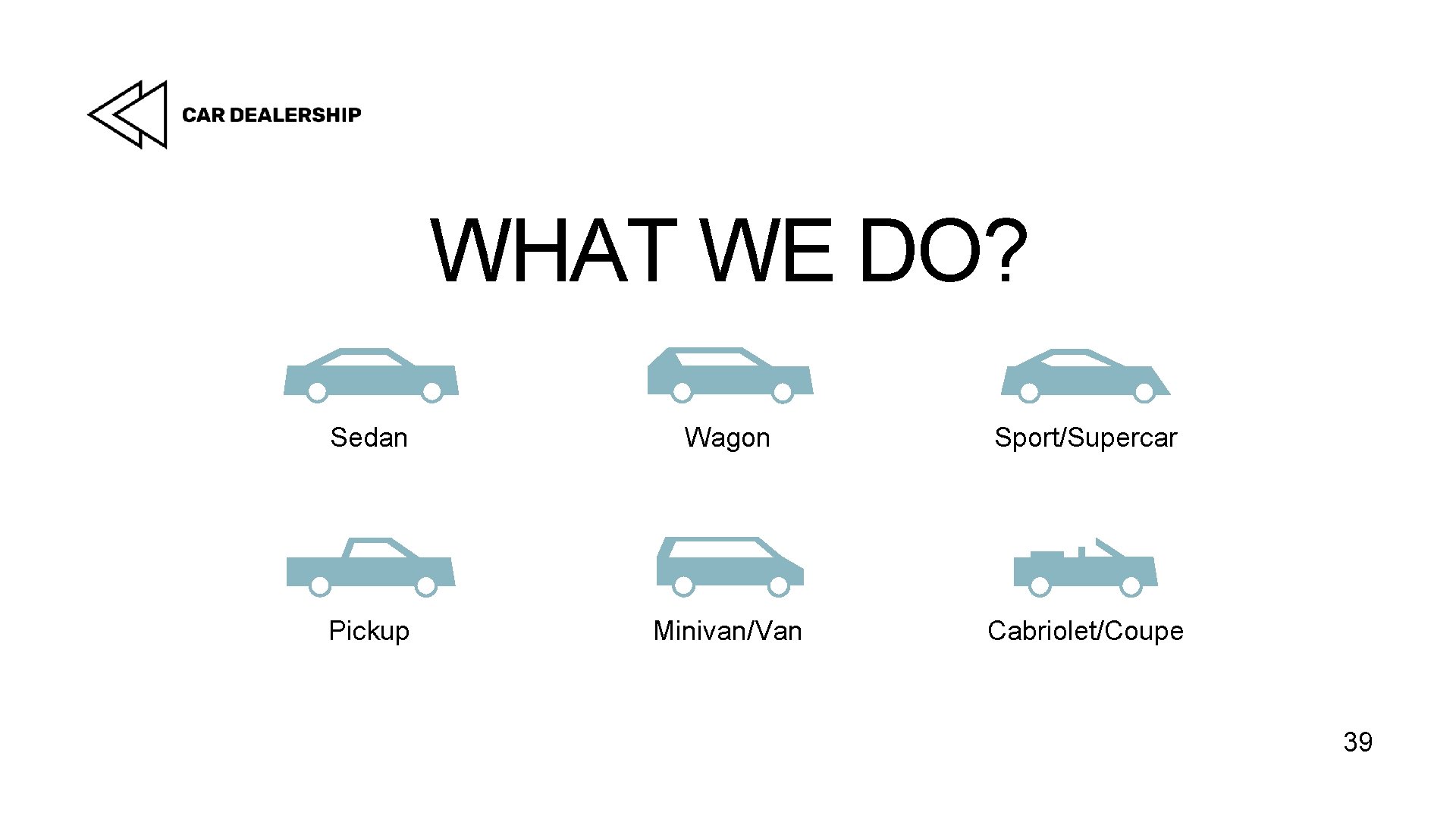 WHAT WE DO? Sedan Wagon Sport/Supercar Pickup Minivan/Van Cabriolet/Coupe 39 