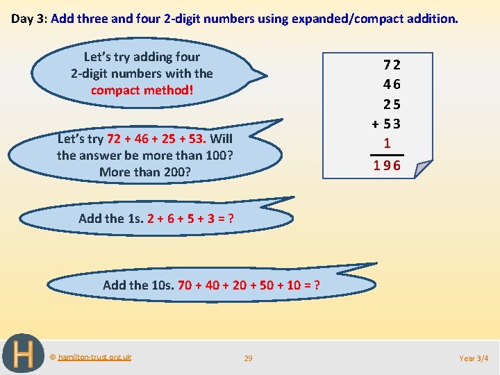 Day 3: Add three and four 2 -digit numbers using expanded/compact addition. Let’s try