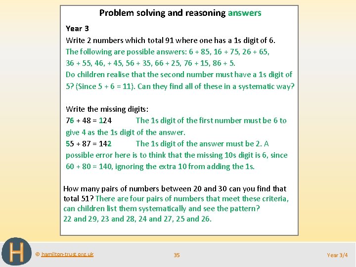 Problem solving and reasoning answers Year 3 Write 2 numbers which total 91 where