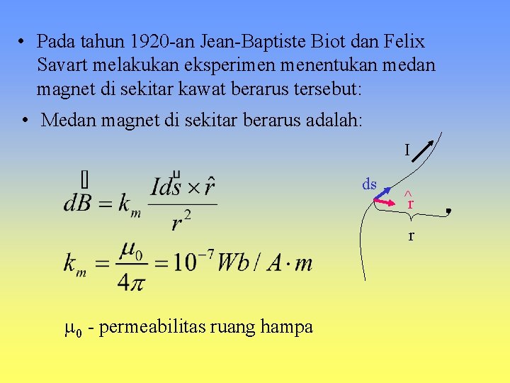  • Pada tahun 1920 -an Jean-Baptiste Biot dan Felix Savart melakukan eksperimen menentukan