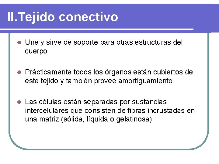 II. Tejido conectivo l Une y sirve de soporte para otras estructuras del cuerpo