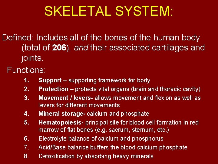 SKELETAL SYSTEM: Defined: Includes all of the bones of the human body (total of