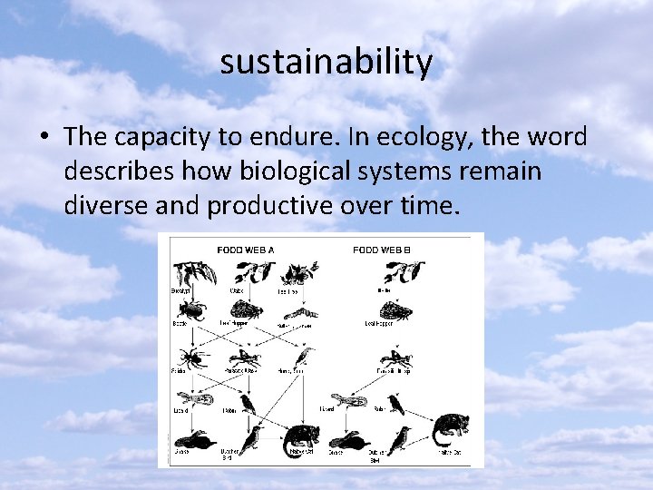 sustainability • The capacity to endure. In ecology, the word describes how biological systems