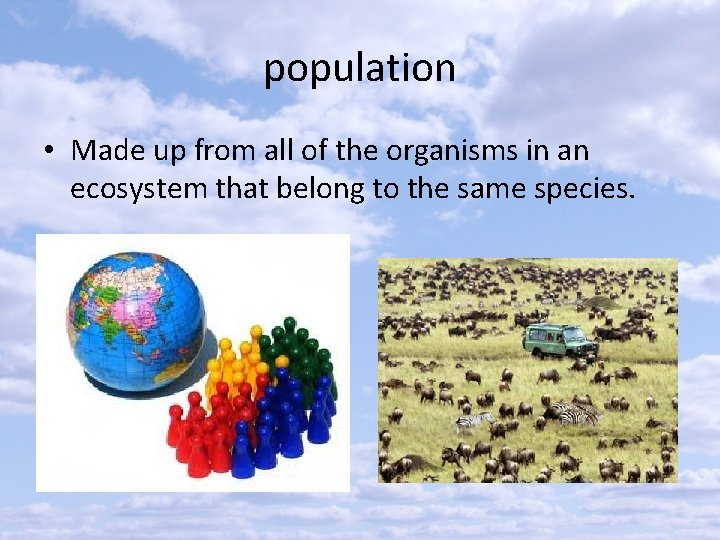 population • Made up from all of the organisms in an ecosystem that belong