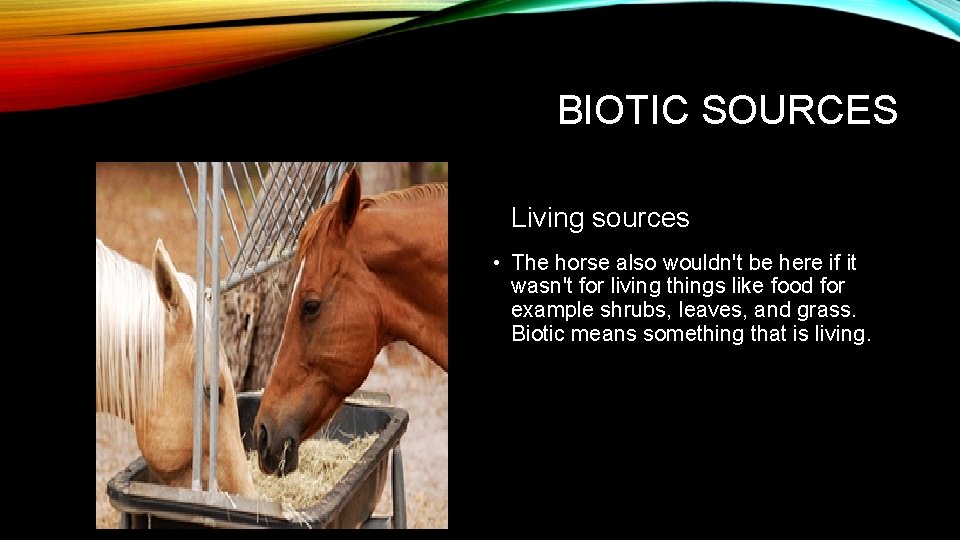 BIOTIC SOURCES Living sources • The horse also wouldn't be here if it wasn't