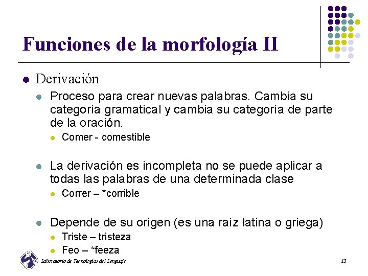 Funciones de la morfología II l Derivación l Proceso para crear nuevas palabras. Cambia