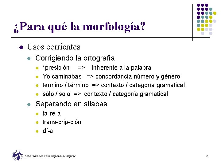 ¿Para qué la morfología? l Usos corrientes l Corrigiendo la ortografía l l l