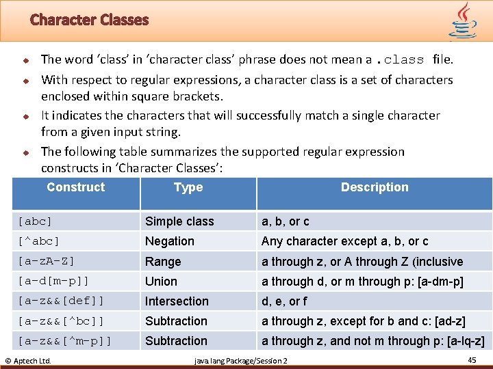 Character Classes u u The word ‘class’ in ‘character class’ phrase does not mean