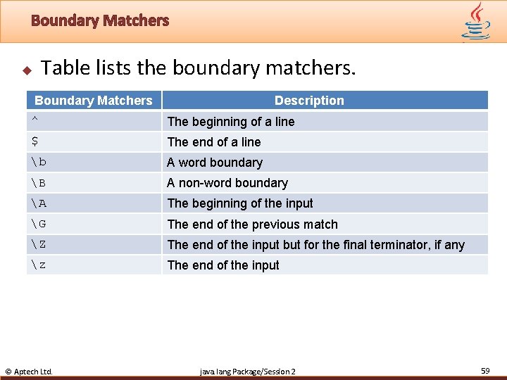 Boundary Matchers Table lists the boundary matchers. u Boundary Matchers Description ^ The beginning