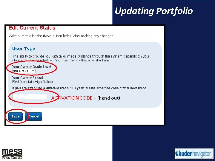 Updating Portfolio ACTIVATION CODE – (hand out) 