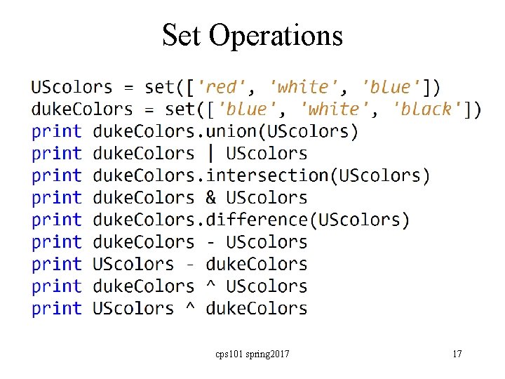 Set Operations cps 101 spring 2017 17 