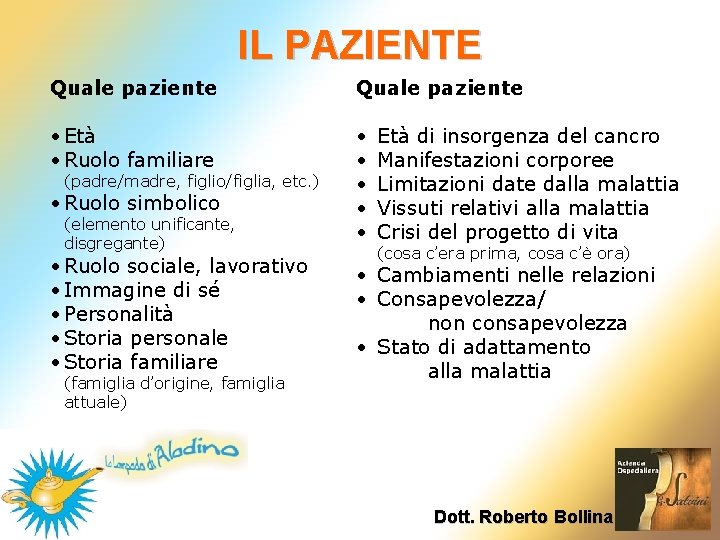 IL PAZIENTE Quale paziente • Età • Ruolo familiare • • • (padre/madre, figlio/figlia, IL PAZIENTE Quale paziente • Età • Ruolo familiare • • • (padre/madre, figlio/figlia,
