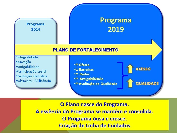 Programa 2014 Programa 2019 PLANO DE FORTALECIMENTO • Integralidade • Inovação • Amigabilidade •