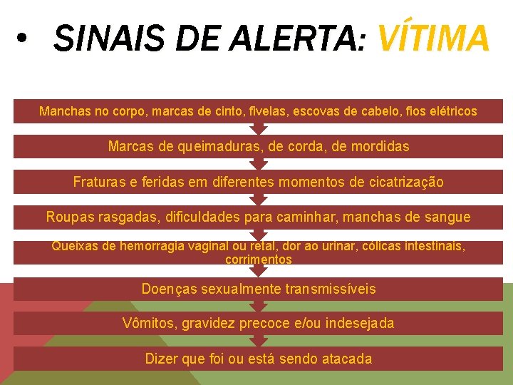  • SINAIS DE ALERTA: VÍTIMA Manchas no corpo, marcas de cinto, fivelas, escovas