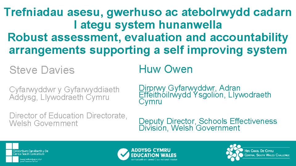 Trefniadau asesu, gwerhuso ac atebolrwydd cadarn I ategu system hunanwella Robust assessment, evaluation and