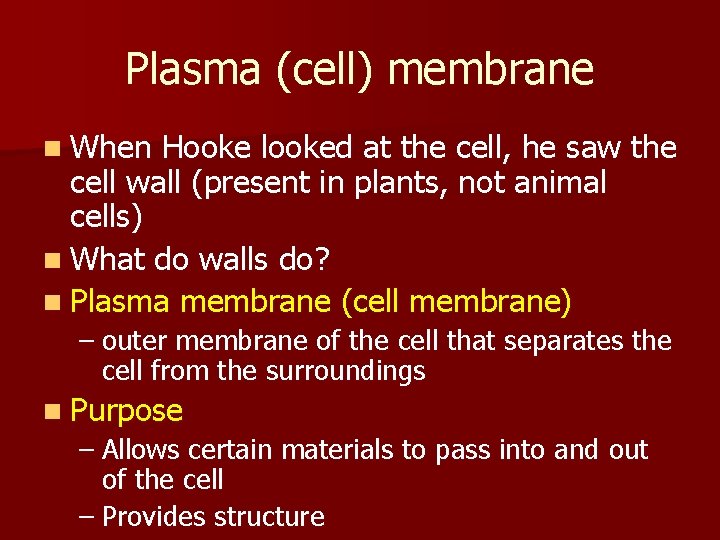 Plasma (cell) membrane n When Hooke looked at the cell, he saw the cell