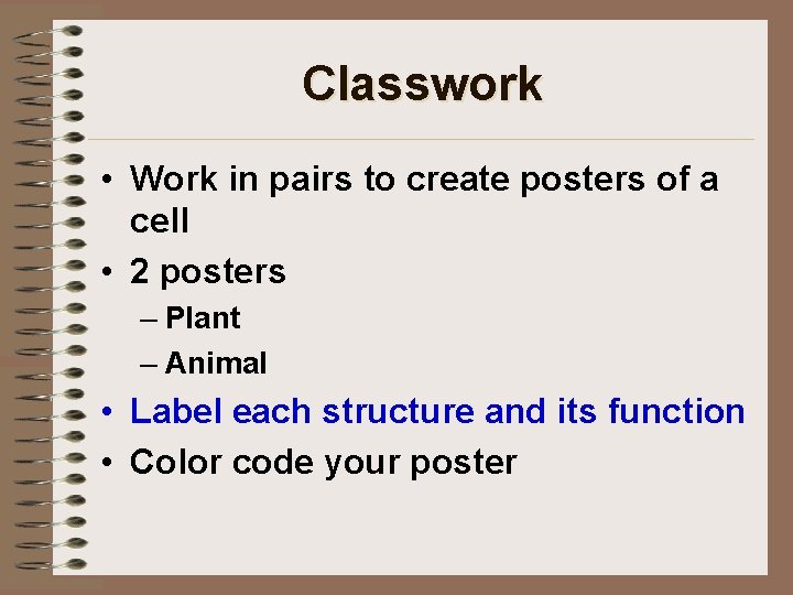 Classwork • Work in pairs to create posters of a cell • 2 posters
