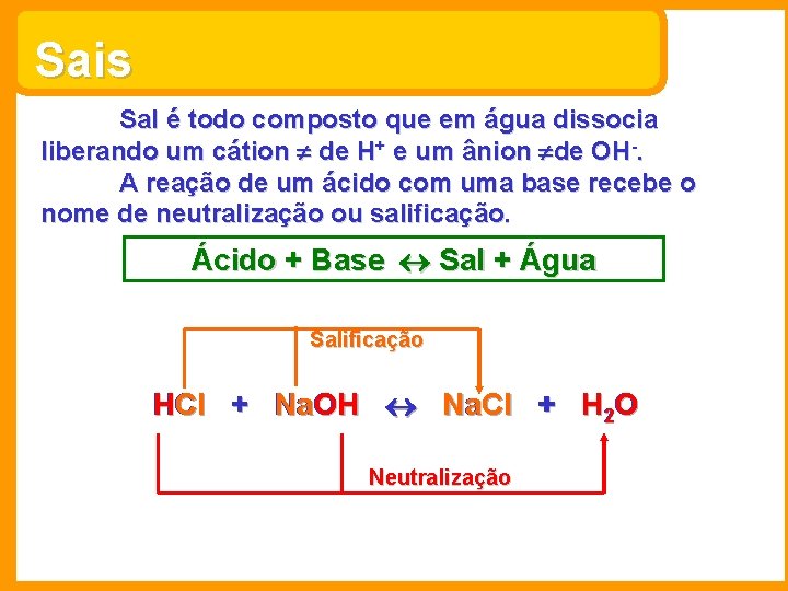 Sais Sal é todo composto que em água dissocia liberando um cátion de H+