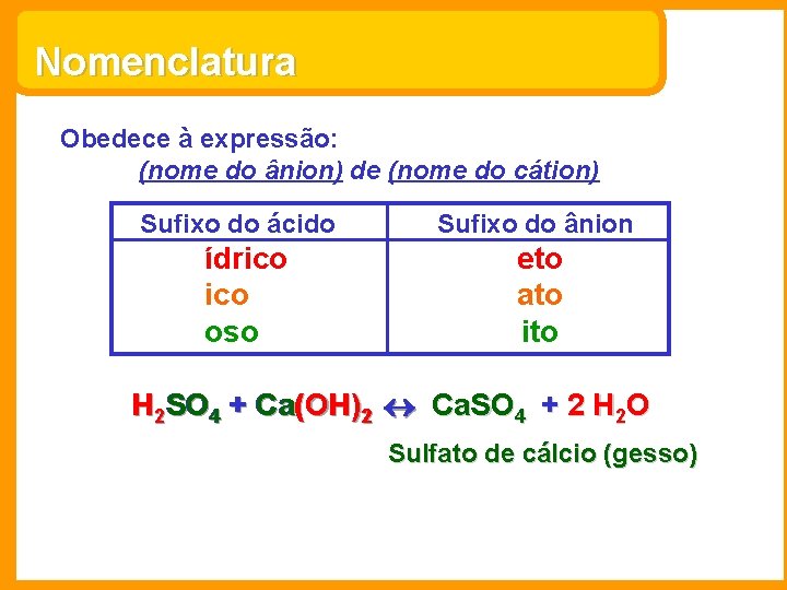 Nomenclatura Obedece à expressão: (nome do ânion) de (nome do cátion) Sufixo do ácido