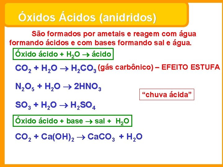 Óxidos Ácidos (anidridos) São formados por ametais e reagem com água formando ácidos e