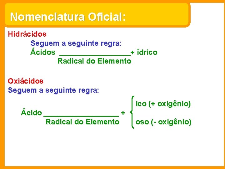 Nomenclatura Oficial: Hidrácidos Seguem a seguinte regra: Ácidos + ídrico Radical do Elemento Oxiácidos