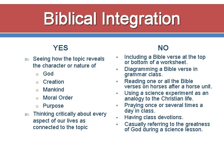 Biblical Integration YES Seeing how the topic reveals the character or nature of o