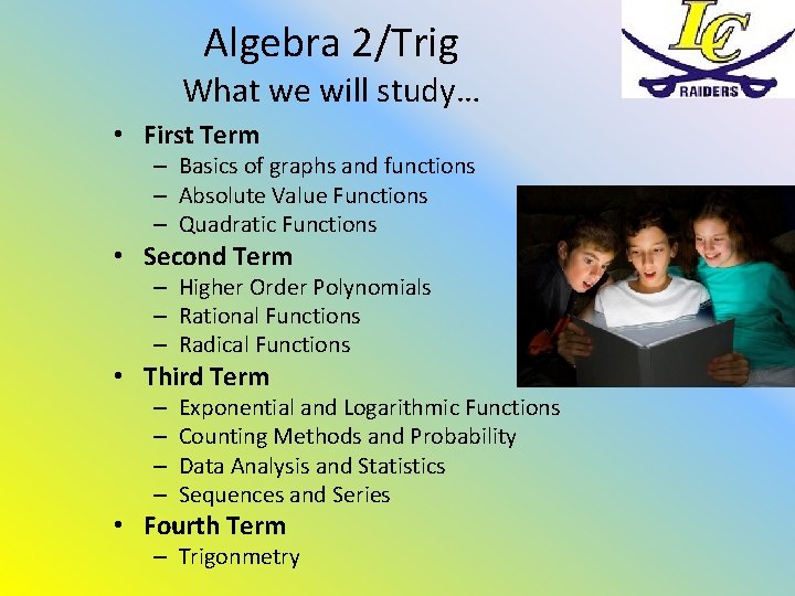 Algebra 2/Trig What we will study… • First Term – Basics of graphs and