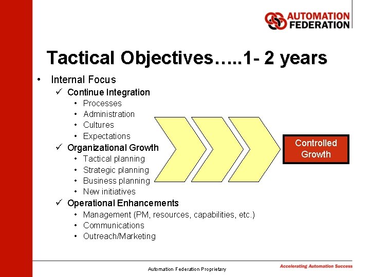 Tactical Objectives…. . 1 - 2 years • Internal Focus ü Continue Integration •