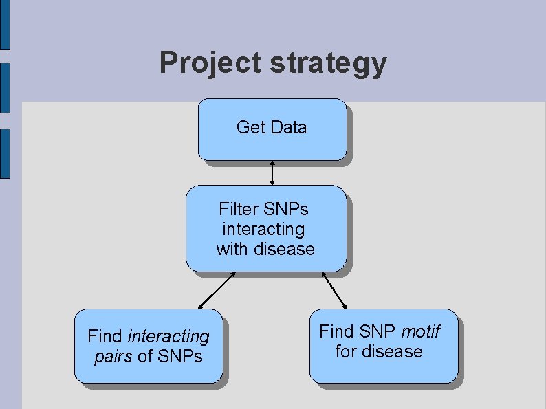 Project strategy Get Data Filter SNPs interacting with disease Find interacting pairs of SNPs