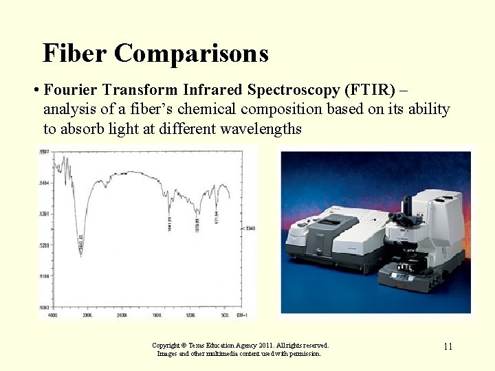 Fiber Comparisons • Fourier Transform Infrared Spectroscopy (FTIR) – analysis of a fiber’s chemical
