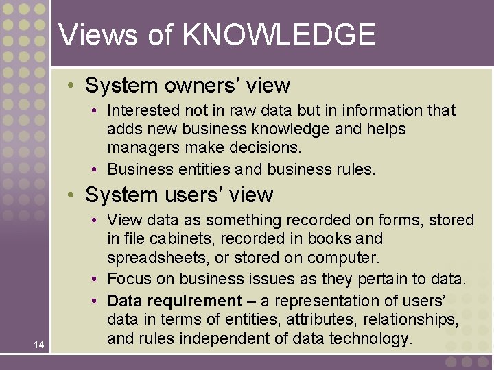 Views of KNOWLEDGE • System owners’ view • Interested not in raw data but