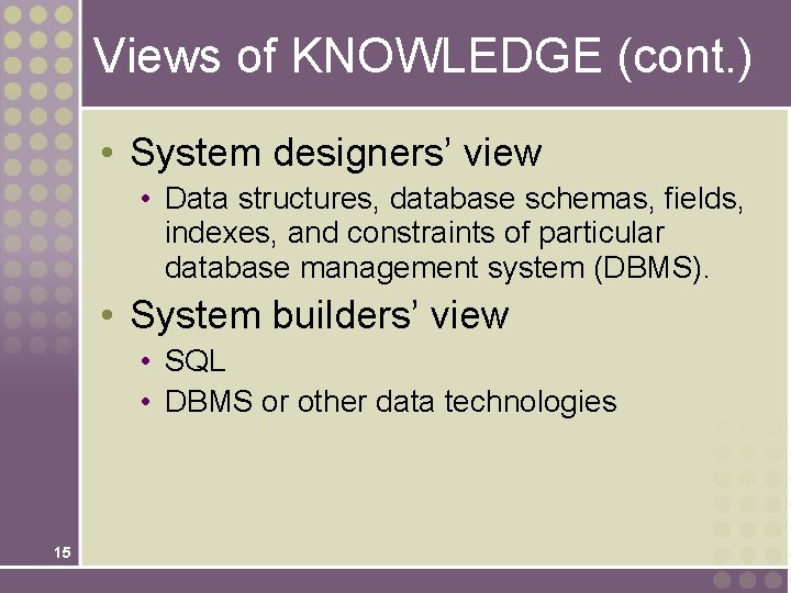 Views of KNOWLEDGE (cont. ) • System designers’ view • Data structures, database schemas,
