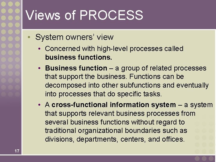 Views of PROCESS • System owners’ view • Concerned with high-level processes called business