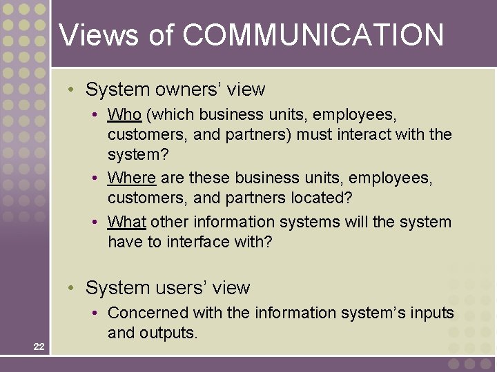 Views of COMMUNICATION • System owners’ view • Who (which business units, employees, customers,