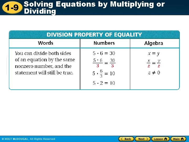 Solving Equations by Multiplying or 1 -9 Dividing 