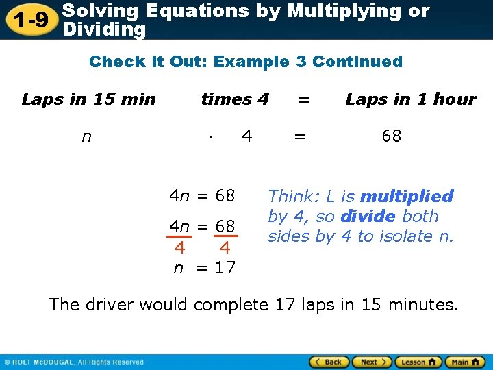 Solving Equations by Multiplying or 1 -9 Dividing Check It Out: Example 3 Continued