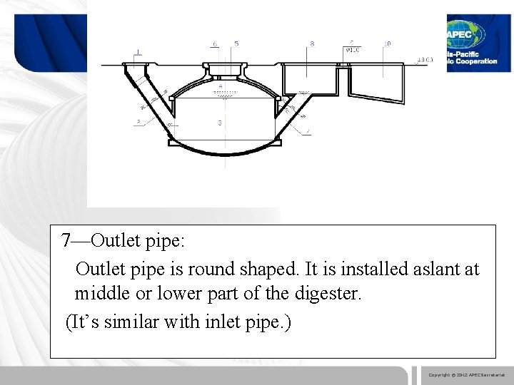 7—Outlet pipe: Outlet pipe is round shaped. It is installed aslant at middle or