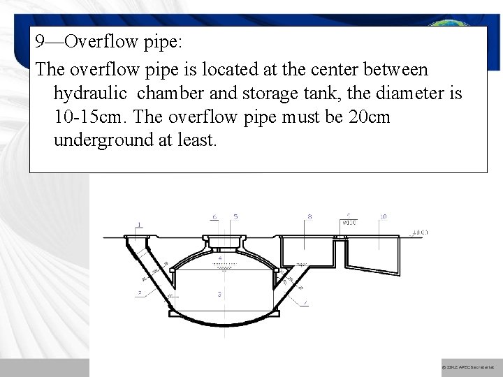 9—Overflow pipe: The overflow pipe is located at the center between hydraulic chamber and
