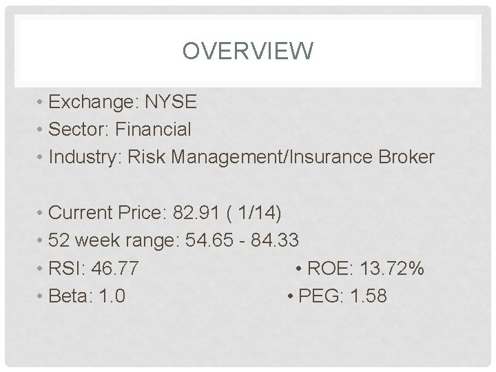 OVERVIEW • Exchange: NYSE • Sector: Financial • Industry: Risk Management/Insurance Broker • Current